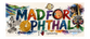 A colorful illustrated poster-style graphic with the words "MAD FOR OPTHALM" in large painted letters, plus smaller text reading "I ♥ Ophthalmology" and an "Ophthalmology Visual" logo. The artwork includes watercolor splashes, a stylized eye, a hand holding a magnifying glass, and a portrait with glasses.